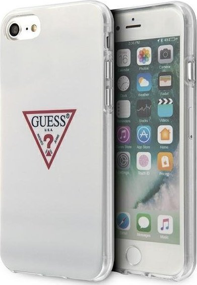 Kapak telefoni Guess Hard Case Triangle Logo, për iPhone SE 8 7, plastik, i bardhë me shkëlqim