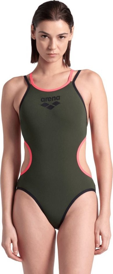 Kostum banje njëpjesësh për femra Arena One Double Cross Back, rezistent ndaj klorit, tharje e shpejtë, jeshil me rozë