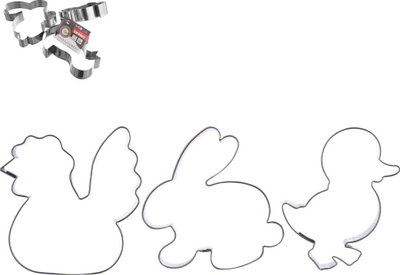 Forma pastiçerie për Pashkë pa markë, set 3 copë, çelik inox, figura pule lepurushi gjeli