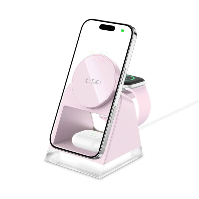 Karikues wireless 3‑në‑1 Tech‑Protect QI15W-A43, MagSafe, 15W, rozë