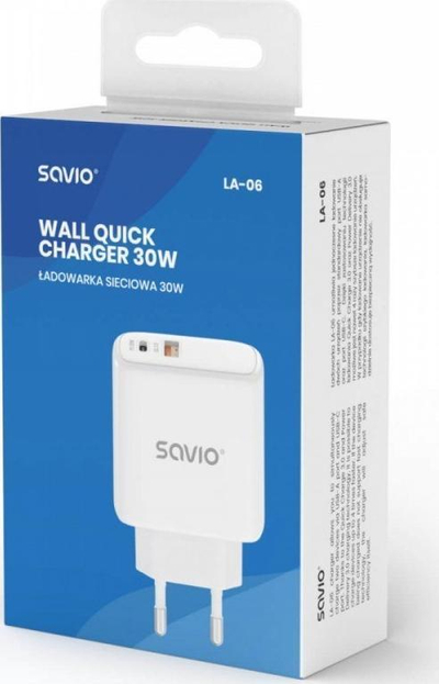 Karikues rrjeti Savio LA-06, 2x USB 30W, Quick Charge 3.0 PD 3.0, i bardhë