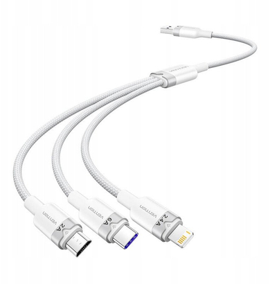 Kabllo karikimi Vention 3 në 1, USB në USB C Lightning Micro USB, 6A 1.5m, e bardhë