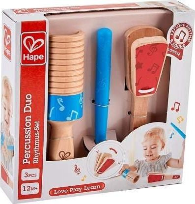 Lodër muzikore druri Hape Percussion Duo, set me 3 pjesë, 12m+, e kuqe dhe blu
