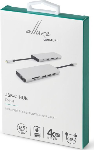 Docking station eStuff ES623009, USB C 12‑në‑1, Power Delivery 3.0, gri
