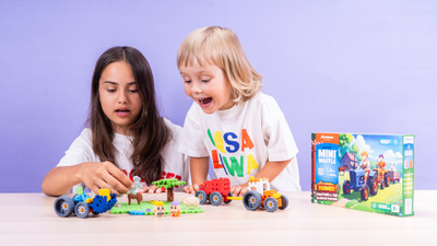 Lodër ndërtimi Marioinex Mini Waffle Farmer, 100 pjesë, traktor dhe livadh, shumëngjyrëshe
