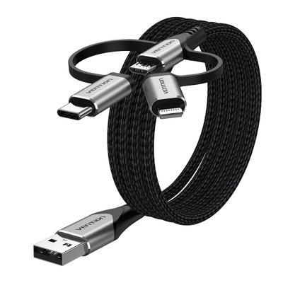 Кабел за полнење Vention 3 во 1, USB C Micro USB Lightning, 2.4A, 480Mbps, црна