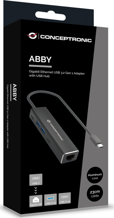 Adapter USB-C Conceptronic ABBY13B, RJ45 Gigabit, 2xUSB-C 2xUSB-A, i zi