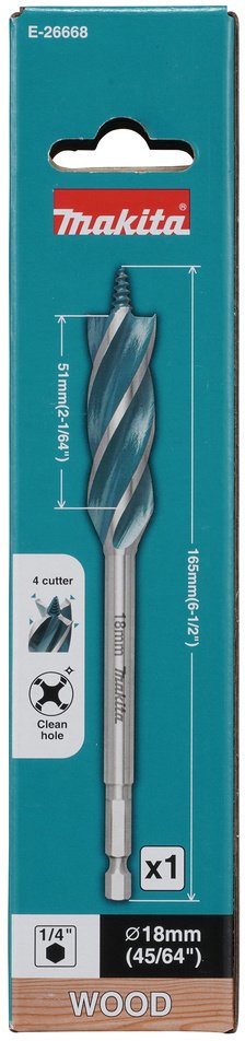 Burgjia Makita E-26668 për dru, 18x165 mm, 1/4" HEX, 4 tehe