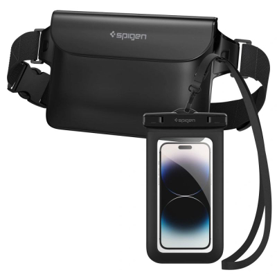 Set çantë që s’e kap uji dhe këllëf telefoni Spigen A621, universal deri 6.9", IPX8, i zi