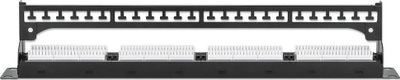 Patch panel Intellinet 24 porta RJ45, Cat6 UTP, me mbajtëse kabllosh, i zi