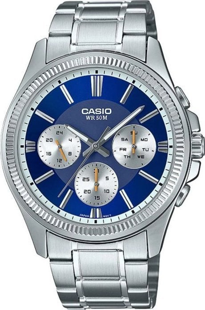 Orë dore Casio Enticer MTP-1375D-2A1, analog, çelik inox, me kornizë blu