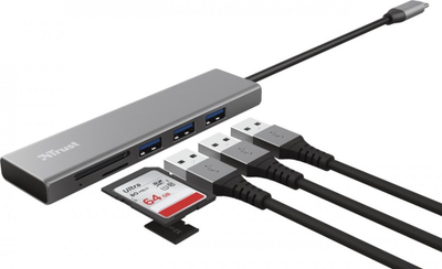 USB-C хаб со читач за картички Труст Халикс, 3 УСБ 3.2 порти, сив