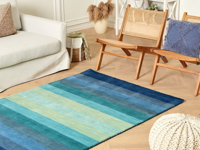 Tapet drejtkëndor Multicolour, lesh dhe pambuk, 140 x 200 cm, blu me vija