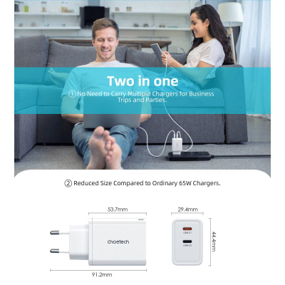 Karikues muri Choetech me dy Type-C GaN PD65W, 2x USB-C, i bardhë