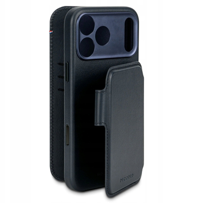 Mbështjellëse folio Decoded për iPhone 17 Pro, lëkurë natyrale, me xhepa kartelash, blu