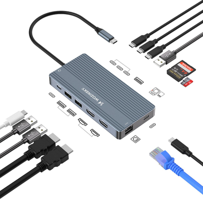 HUB USB C Wozinsky WDS03Y5S, 14 me 1, 3 ekrane 4K, 15 cm, gri