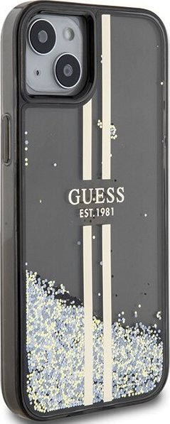 Kapak telefoni Guess Liquid Glitter Gold Stripes, për iPhone 15 14 13, i zi