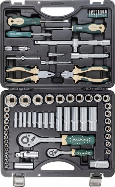 Set veglash ROCKFORCE 4603-5, 69 pjesë, koka 1/4" dhe 1/2", në valixhe plastike
