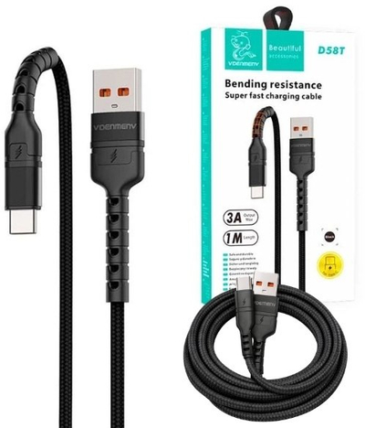 Kabllo USB Denmen D058T, USB në Type C, 3A 1m, e zezë