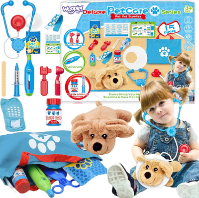 Set veteriner për kalamaj Woopie Deluxe PetCare, 15 pjesë, me qenush pelush, shumëngjyrësh
