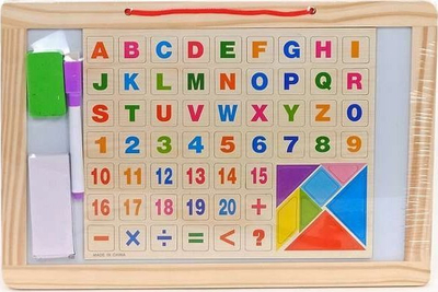 Tabelë magnetike edukative me shkronja dhe numra, kornizë druri, me marker, shumëngjyrëshe