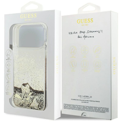 Mbrojtëse telefoni Guess Liquid Glitter Charms GUHCP17XGLHFLGO, për iPhone 17 Pro Max, e tejdukshme, ngjyrë gold