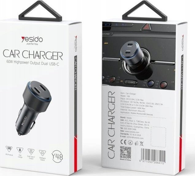 Karikues makinë Yesido Y48, 60W PD, 2x USB C, i zi