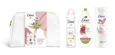 Set për trup Dove Glowing, xhel për dush 250 + losion për trup 225 ml + antiperspirant 150 ml + qantë kozmetike