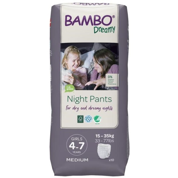 Pelena në formë të mbathjeve për fëmijë Bambo Nature Dreamy Night Pants, girls 4-7 (15-35 kg), 10 copë