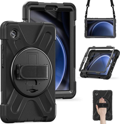 Këllëf tablet ESTUFF ES683613, me mbajtëse 360°, me rrip shpatulle, i zi