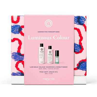 Комплет за коса Maria Nila Luminous Colour, шампон за фарбана коса 350 мл + регенератор за коса 300 мл + арганово масло за коса 30 мл