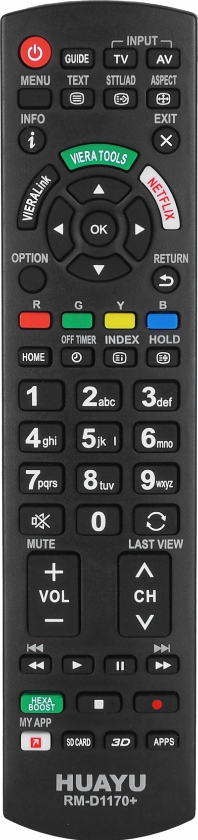Telekomandë TV Huayu RM D1170+, universale PANASONIC, me bateri AAA, e zezë