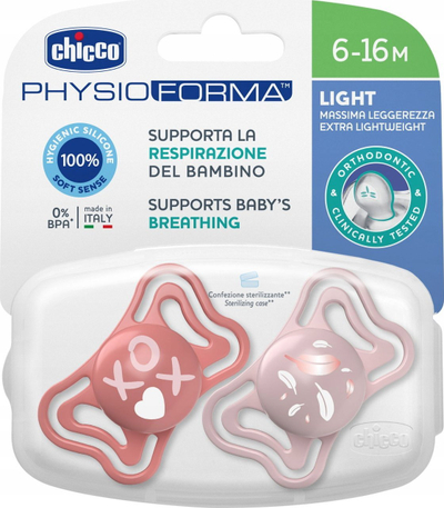 Qetësues silikoni Chicco PhysioForma Light, 6-16 muaj, set me 2 copë, rozë