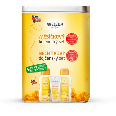 Set femijesh Krem 75 ml vs Lëng për dush 200 ml vs Vaj hidratues për sy 200 ml dhe Pelena pambuku Calendula Weleda