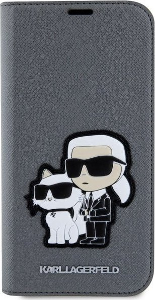 Kapak telefoni Karl Lagerfeld KLBKP14SSANKCPG për iPhone 14, tip bookcase, lëkurë Saffiano, argjendtë
