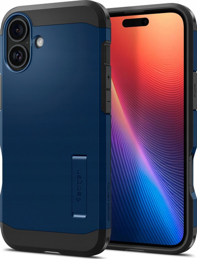 Mbrojtëse telefoni Spigen Tough Armor MagSafe për iPhone 16 Plus, dy shtresa, me stand, blu navy