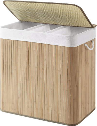 Koshi i rrobave LEOBERT Laundry Basket, me 3 ndarje, bambu, ngjyrë natyrale