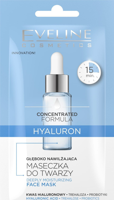Maskë fytyre Eveline Cosmetics, formulë e përqendruar për hidratim të thellë me acid hialuronik, 8 ml