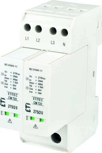 Mbrojtës nga mbinapet ETI ETITEC CM T23 275/20, T2, 275V AC, i bardhë