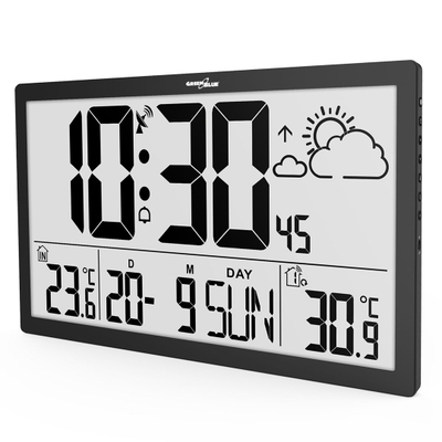 Orë murale GreenBlue GB218, ekran LCD shumë i madh, temperaturë dhe datë, e zezë