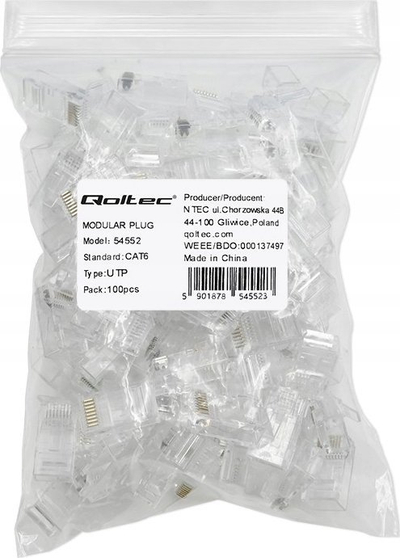 Konektorë rrjeti RJ45 CAT6 UTP, me kontakte të veshura me ar, set 100 copë