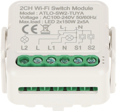 Kontrollues inteligjent ndriçimi LED ATLO-SW2-TUYA, Wi-Fi Bluetooth, 2 kanale, i bardhë