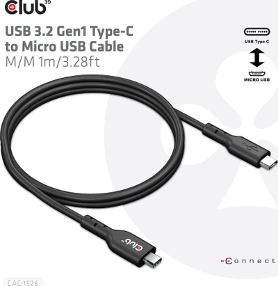 Kabllo USB Club 3D USB-C - microUSB, 1m, e zezë