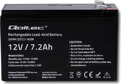 Bateri AGM Qoltec 53062, 12V, 7.2Ah, ngjyrë e zezë
