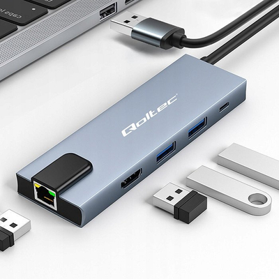 USB хаб Qoltec USB C Hub 5in1, HDMI 4K, RJ45, сребрена боја