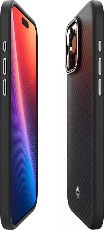 Kuti telefoni Spigen Enzo Aramid për iPhone 16 Pro Max, mbrojtje ushtarake, teksturë karboni, e zezë argjendtë