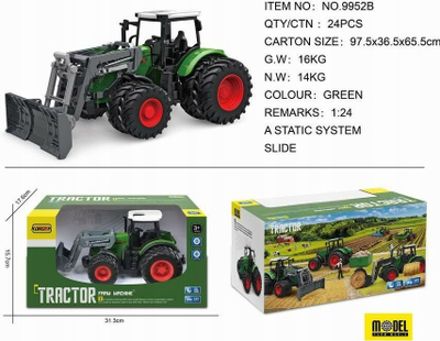 Lodër traktor Kornux 9952B, me kovë përpara, shkalla 1:24, jeshil