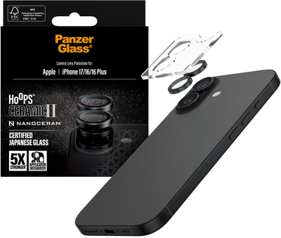Mbrojtës kamerë PanzerGlass Hoops Ceramic II për iPhone 17 16 16 Plus, qelq keramik, i zi