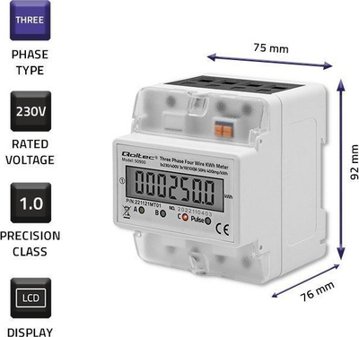 Matës energjie trefazor Qoltec, për shinë DIN, me ekran LCD, 230V, i bardhë
