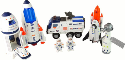 Set lodrash hapësinore Leantoys Space Rocket, raketë dhe makina, me astronautë, bardh e blu